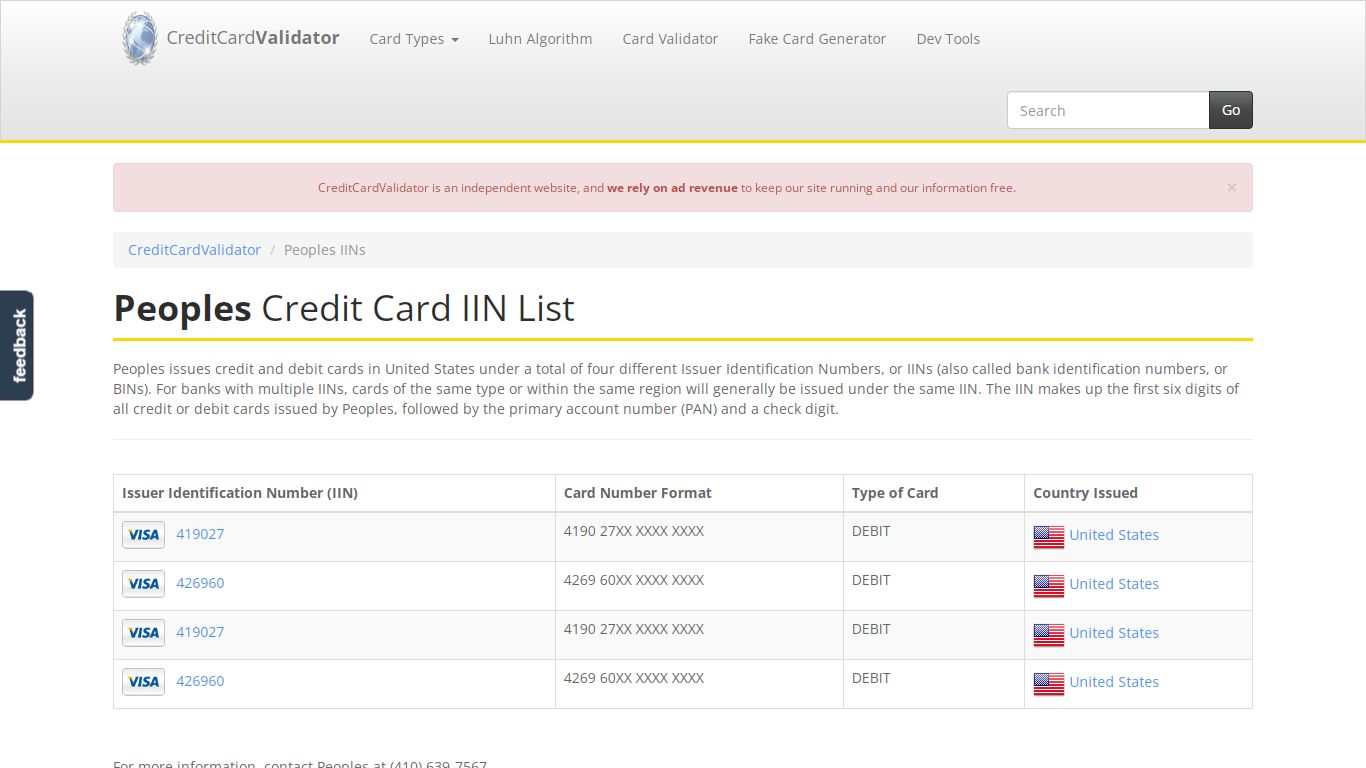 Peoples Credit Card IIN / BIN Number List | CreditCardValidator